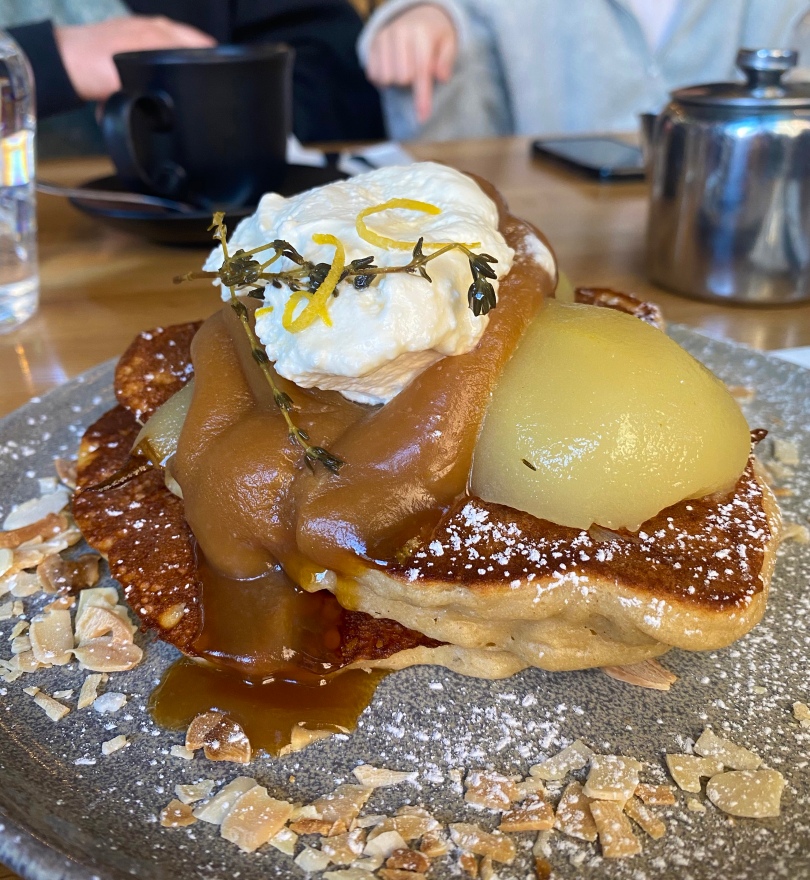 Pear, thyme caramel and whipped cream pancakes (where the pancakes are)